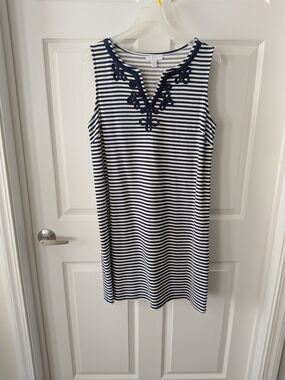 Charter Club Sleeveless Navy and White Striped Dress with Embroidered V-Neck